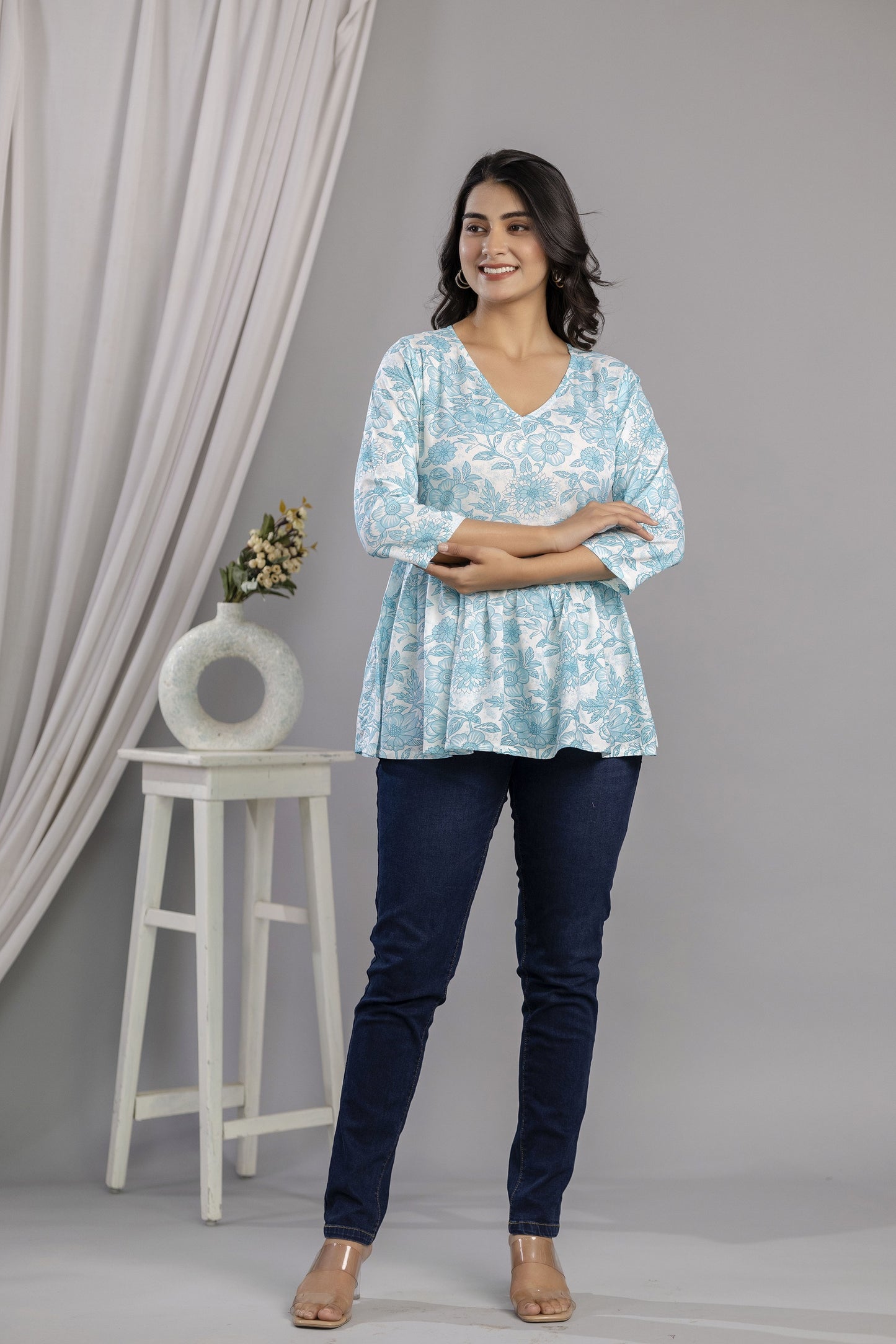 Veshviti Women Sky Blue Floral Print Peplum Top | V-Neck Casual Wear Top