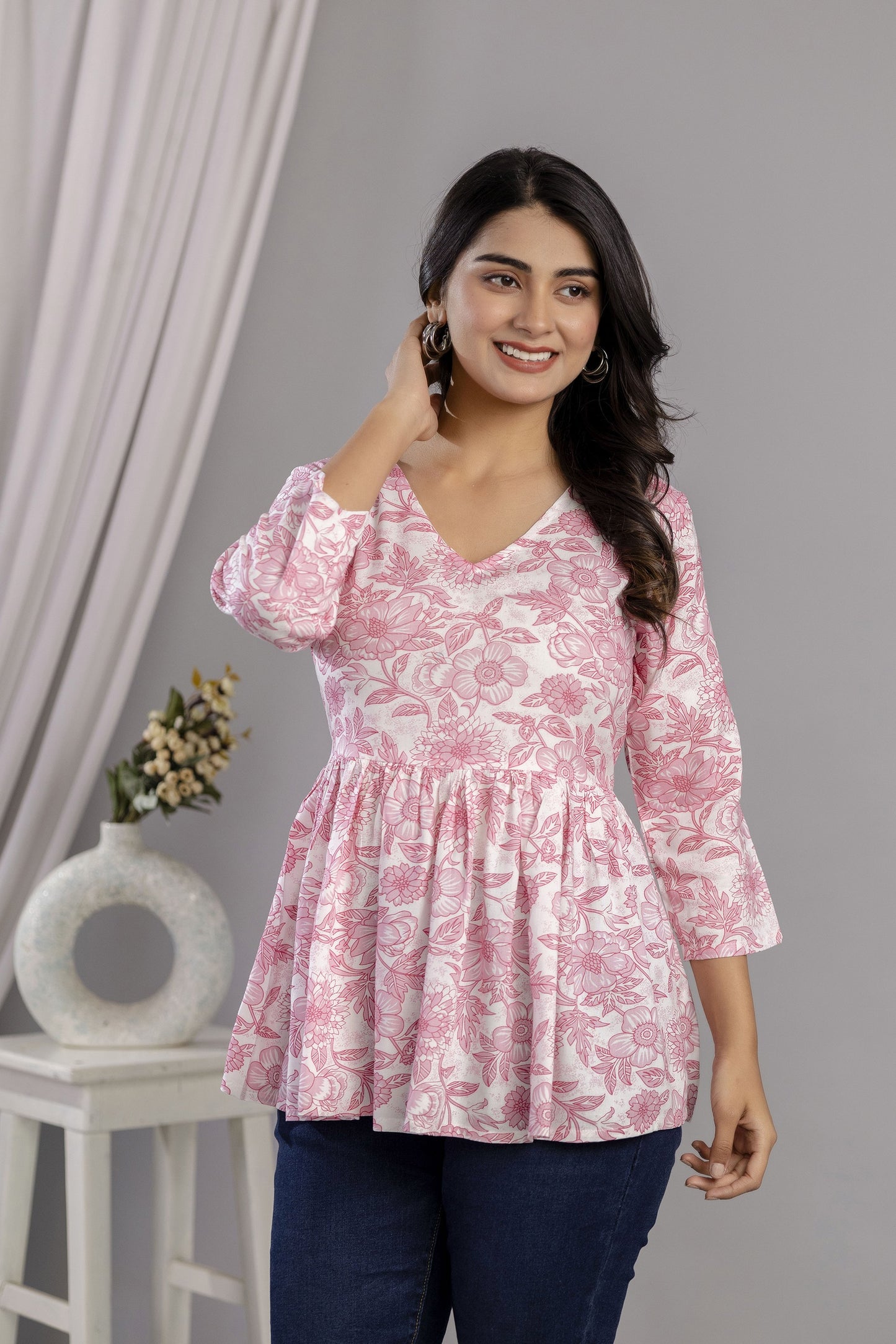 Veshviti Women Peach Floral Print Peplum Top | V-Neck Casual Wear Top
