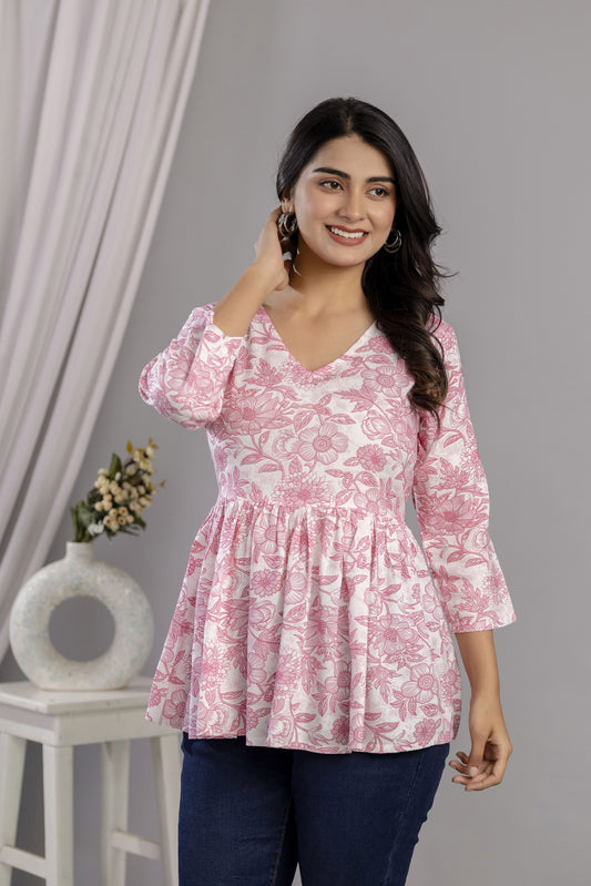 Veshviti Women Peach Floral Print Peplum Top | V-Neck Casual Wear Top
