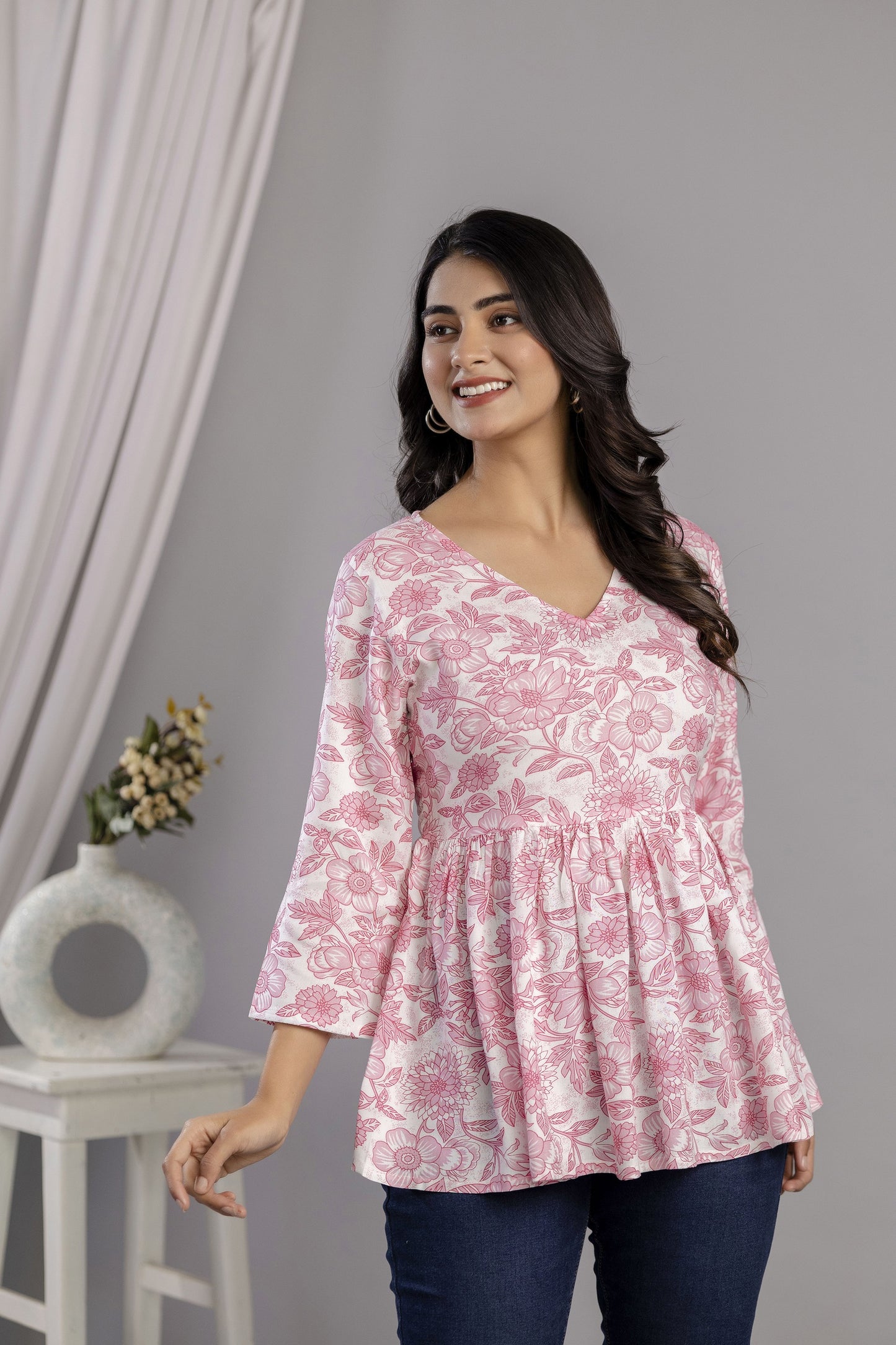 Veshviti Women Peach Floral Print Peplum Top | V-Neck Casual Wear Top