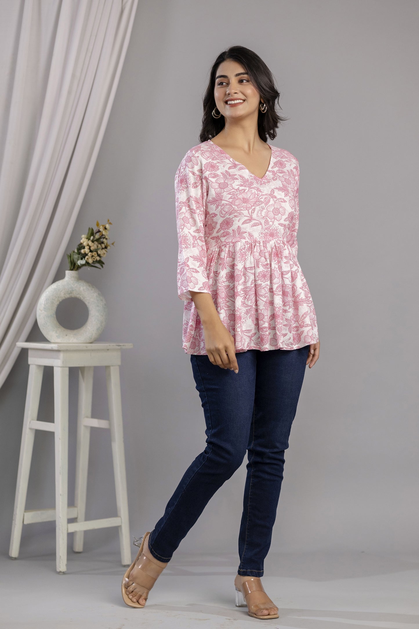 Veshviti Women Peach Floral Print Peplum Top | V-Neck Casual Wear Top