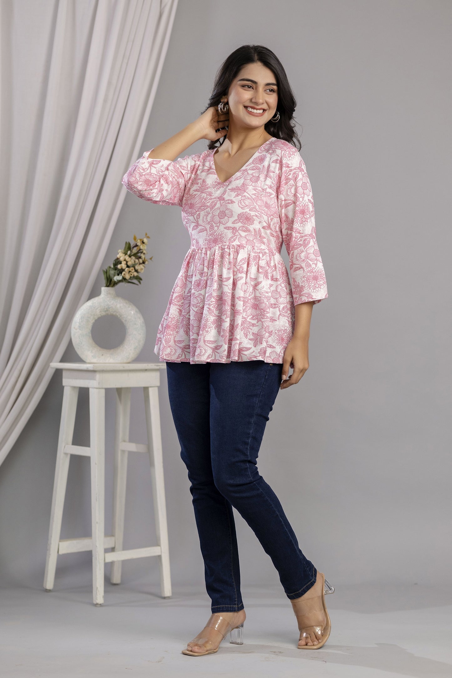 Veshviti Women Peach Floral Print Peplum Top | V-Neck Casual Wear Top