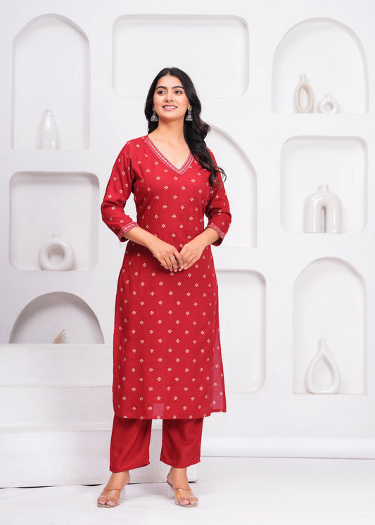 Maroon Embroidered V Neck Straight Rayon Kurta Set