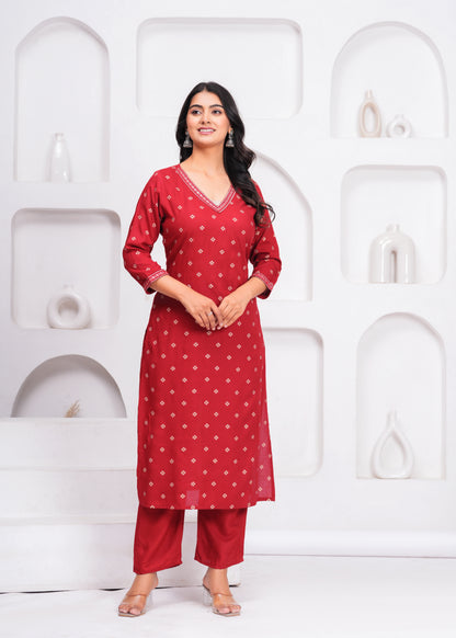 Maroon Embroidered V Neck Straight Rayon Kurta