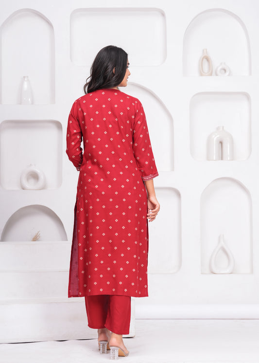 Maroon Embroidered V Neck Straight Rayon Kurta