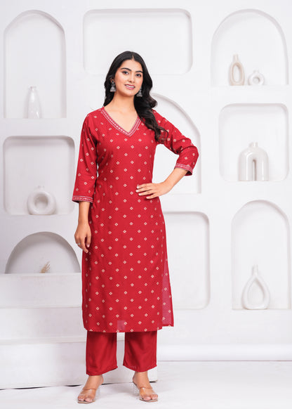 Maroon Embroidered V Neck Straight Rayon Kurta Set