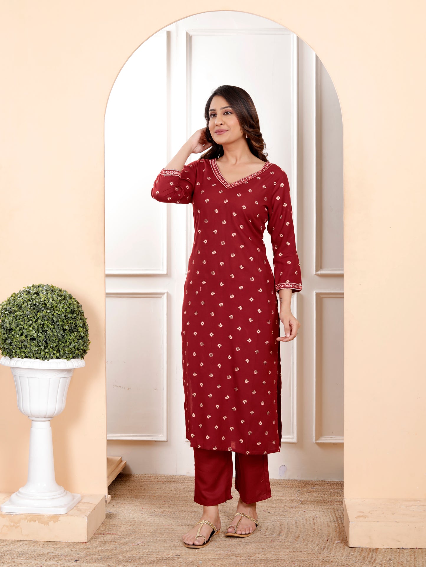 Maroon Embroidered V Neck Straight Rayon Kurta