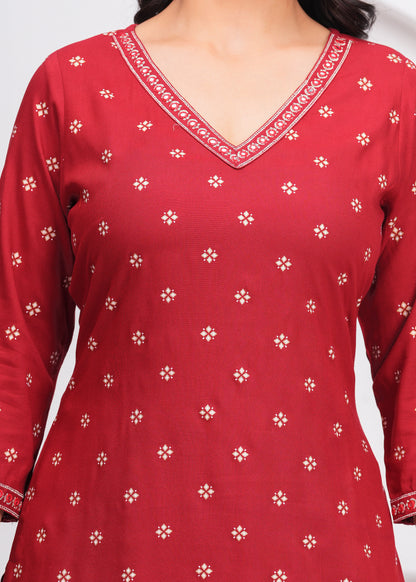 Maroon Embroidered V Neck Straight Rayon Kurta Set