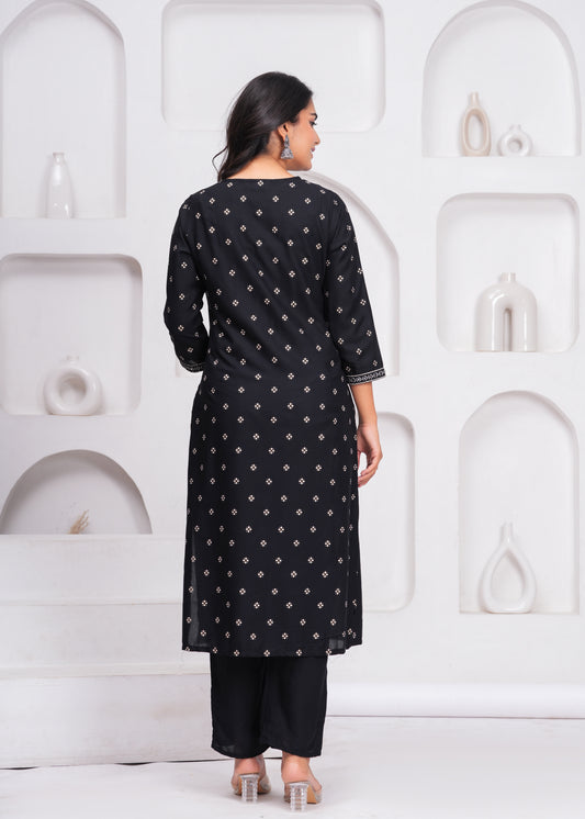 Black Embroidered V Neck Straight Rayon Kurta