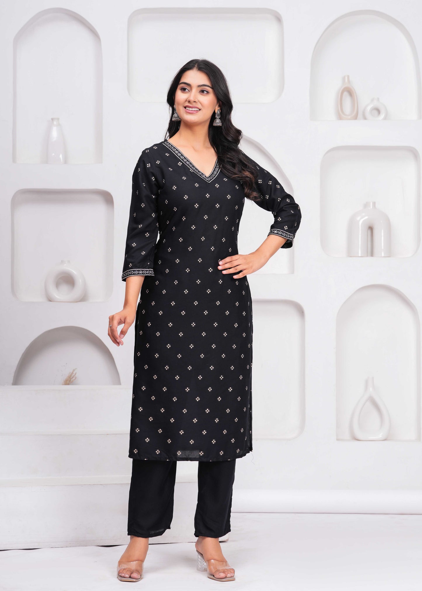 Black Embroidered V Neck Straight Rayon Kurta