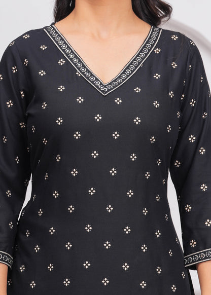 Black Embroidered V Neck Straight Rayon Kurta Set
