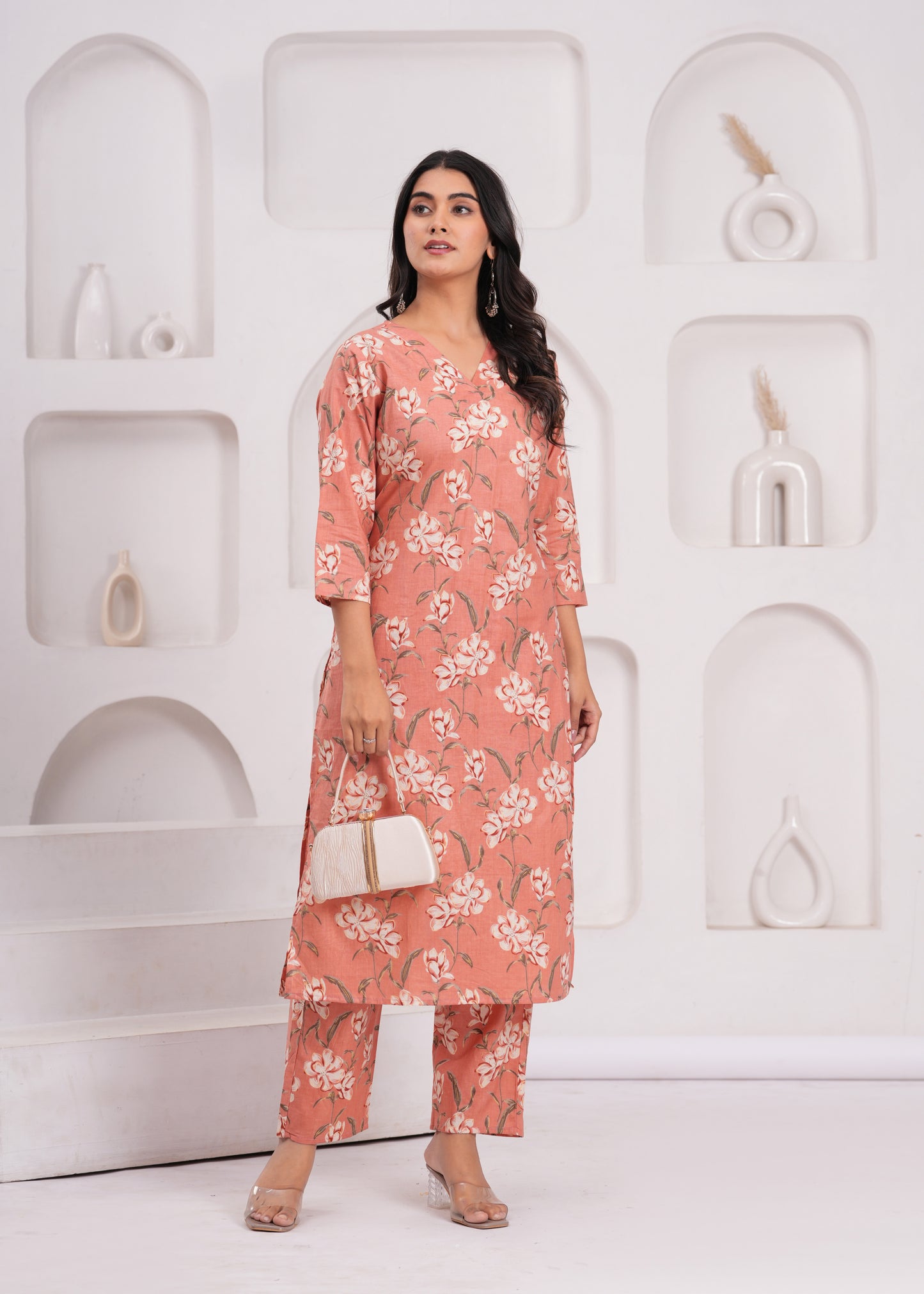 Purple Floral Cotton Printed V-Neck Straight Co-Ord Set