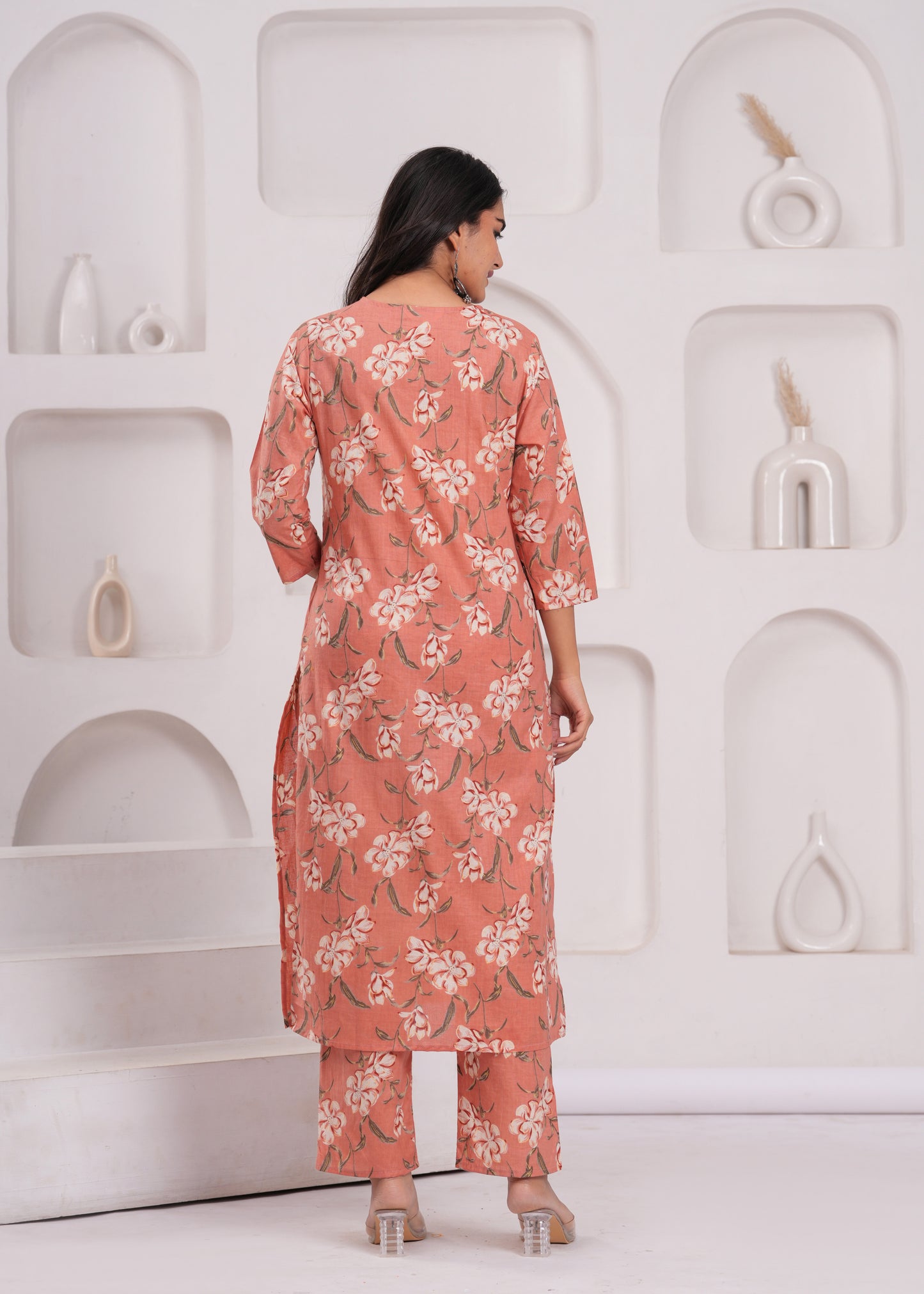 Purple Floral Cotton Printed V-Neck Straight Co-Ord Set