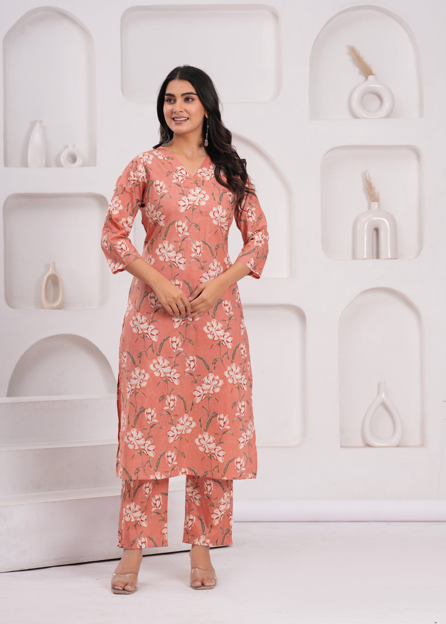 Purple Floral Cotton Printed V-Neck Straight Co-Ord Set