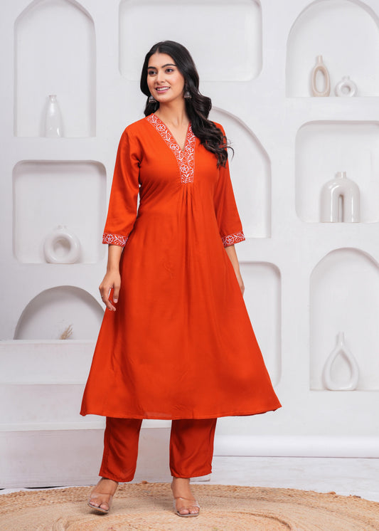 Women Rust Orange Rayon Kurta Pant Set | V-Neck Embroidered Straight Kurti with 3/4 Sleeves Ethnic Wear