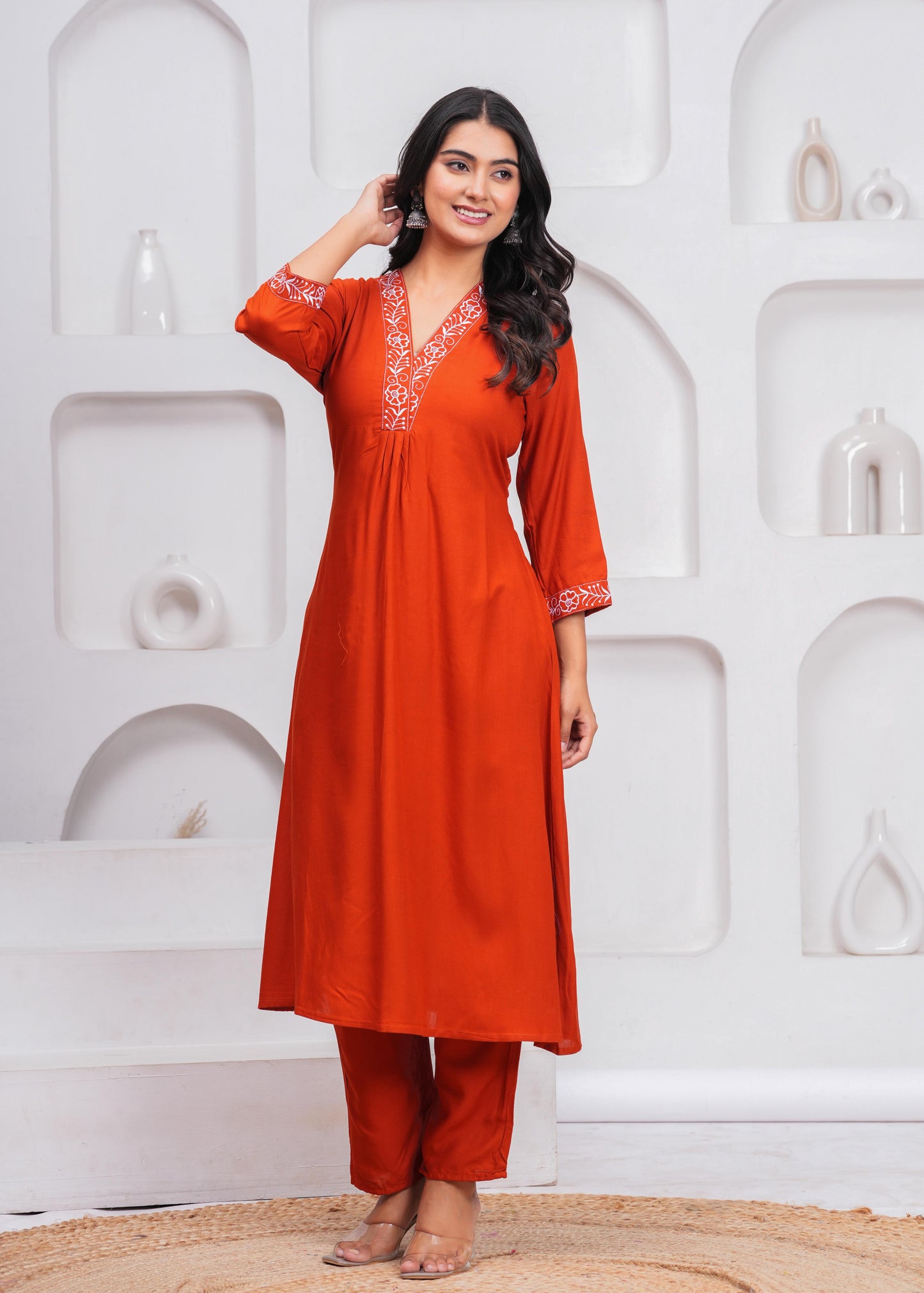 Women Rust Orange Rayon Kurta Pant Set | V-Neck Embroidered Straight Kurti with 3/4 Sleeves Ethnic Wear