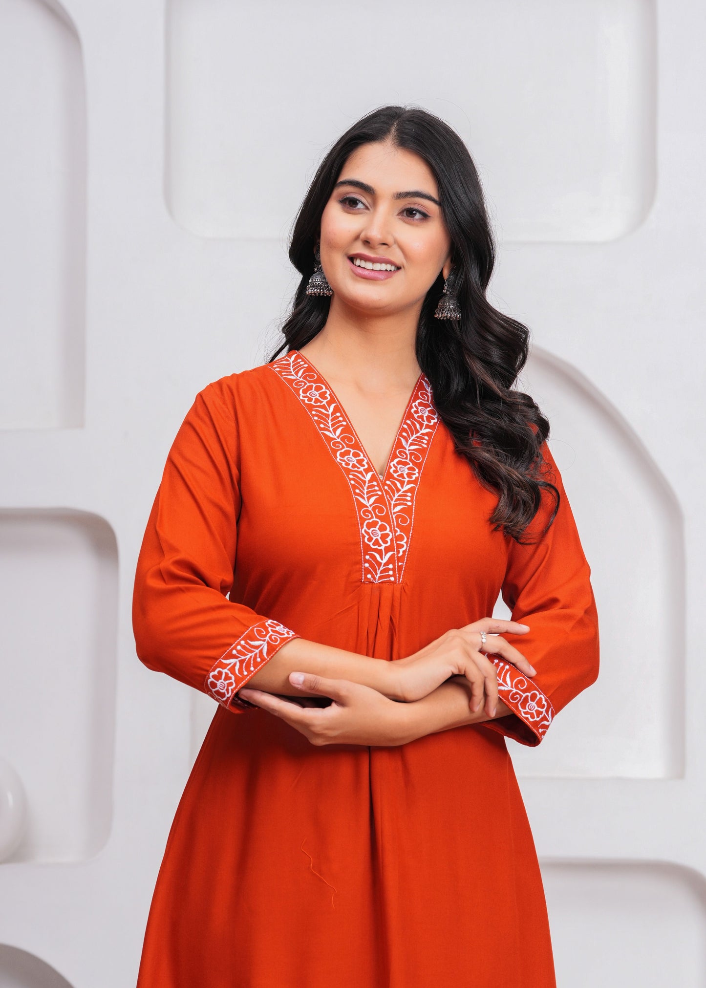 Women Rust Orange Rayon Kurta Pant Set | V-Neck Embroidered Straight Kurti with 3/4 Sleeves Ethnic Wear