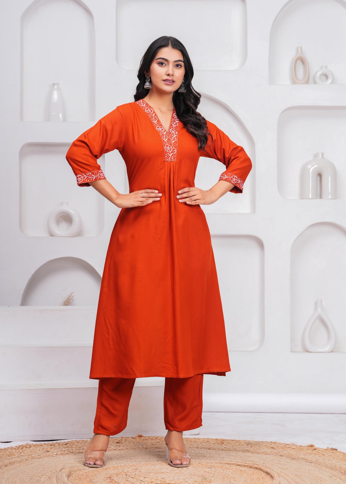 Women Rust Orange Rayon Kurta Pant Set | V-Neck Embroidered Straight Kurti with 3/4 Sleeves Ethnic Wear
