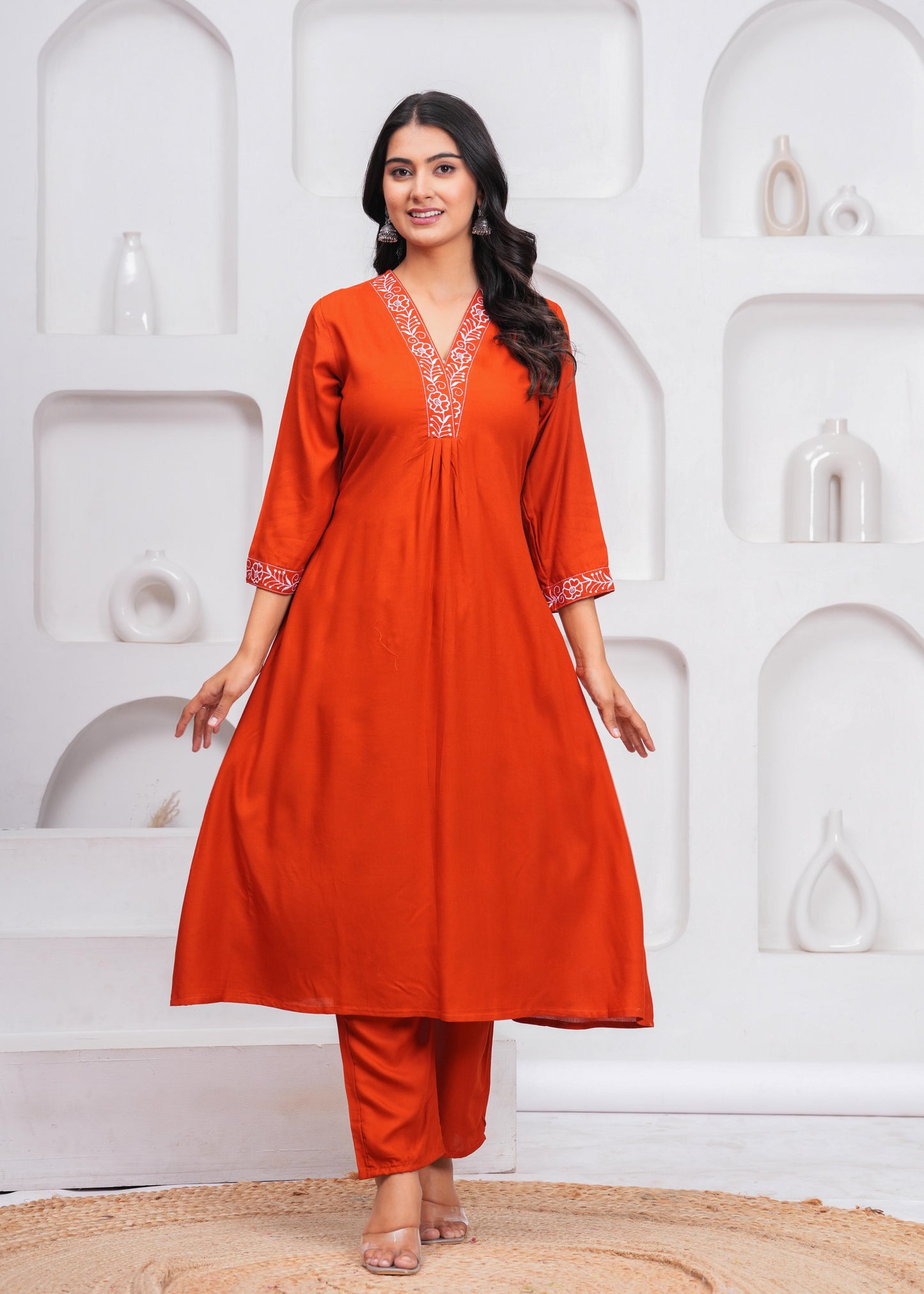 Women Rust Orange Rayon Kurta Pant Set | V-Neck Embroidered Straight Kurti with 3/4 Sleeves Ethnic Wear