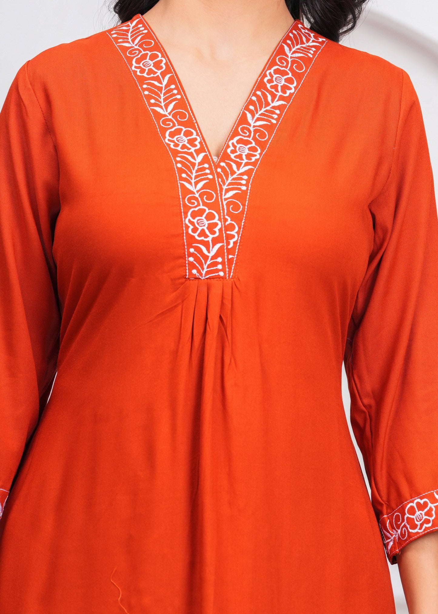 Women Rust Orange Rayon Kurta Pant Set | V-Neck Embroidered Straight Kurti with 3/4 Sleeves Ethnic Wear