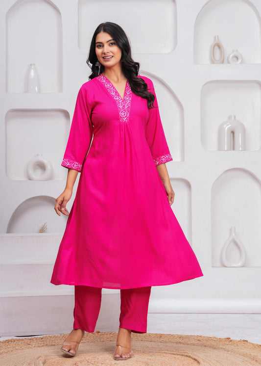 Women  Pink Rayon Kurta Pant Set | V-Neck Embroidered Straight Kurti with 3/4 Sleeves Ethnic Wear