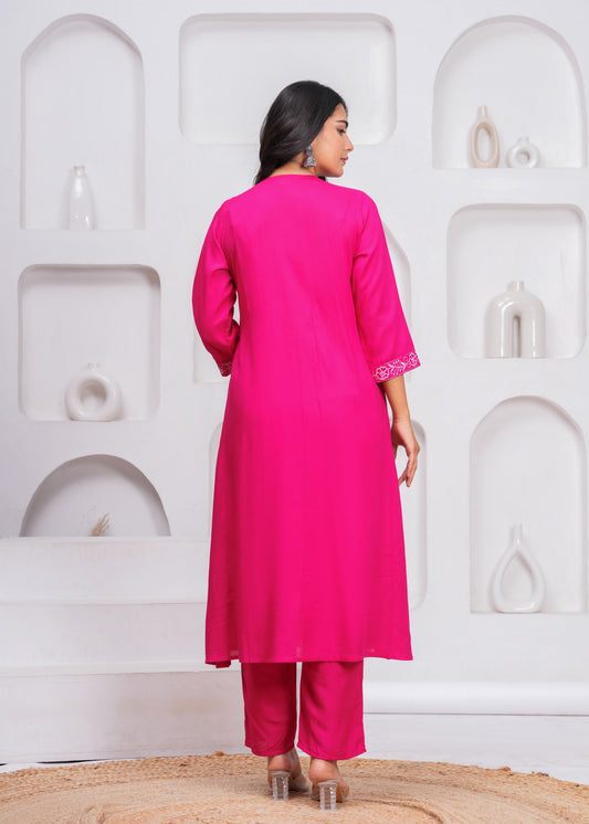 Women  Pink Rayon Kurta Pant Set | V-Neck Embroidered Straight Kurti with 3/4 Sleeves Ethnic Wear