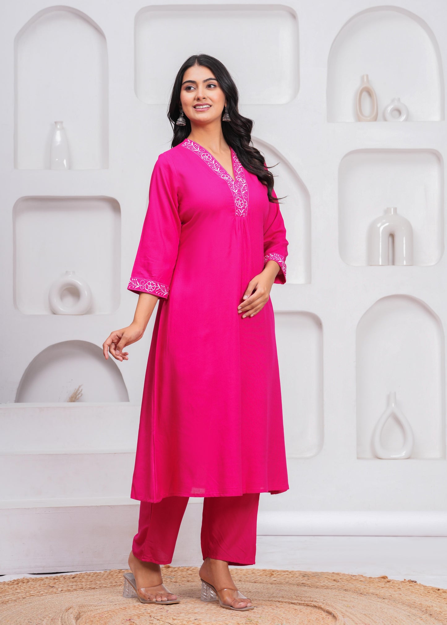 Women  Pink Rayon Kurta Pant Set | V-Neck Embroidered Straight Kurti with 3/4 Sleeves Ethnic Wear