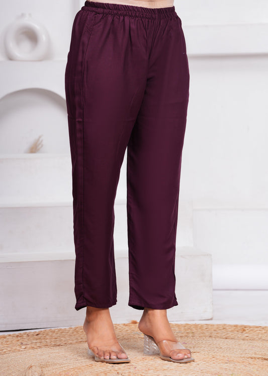 Women Wine Rayon Kurta Pant Set | V-Neck Embroidered Straight Kurti with 3/4 Sleeves Ethnic Wear