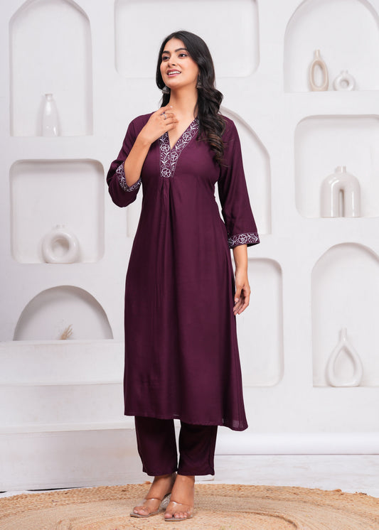Women Wine Rayon Kurta Pant Set | V-Neck Embroidered Straight Kurti with 3/4 Sleeves Ethnic Wear