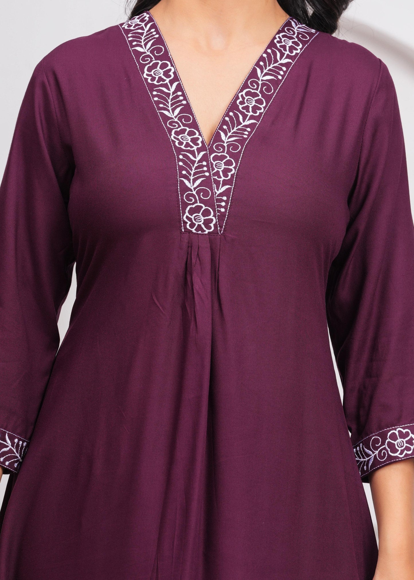 Women Wine Rayon Kurta Pant Set | V-Neck Embroidered Straight Kurti with 3/4 Sleeves Ethnic Wear