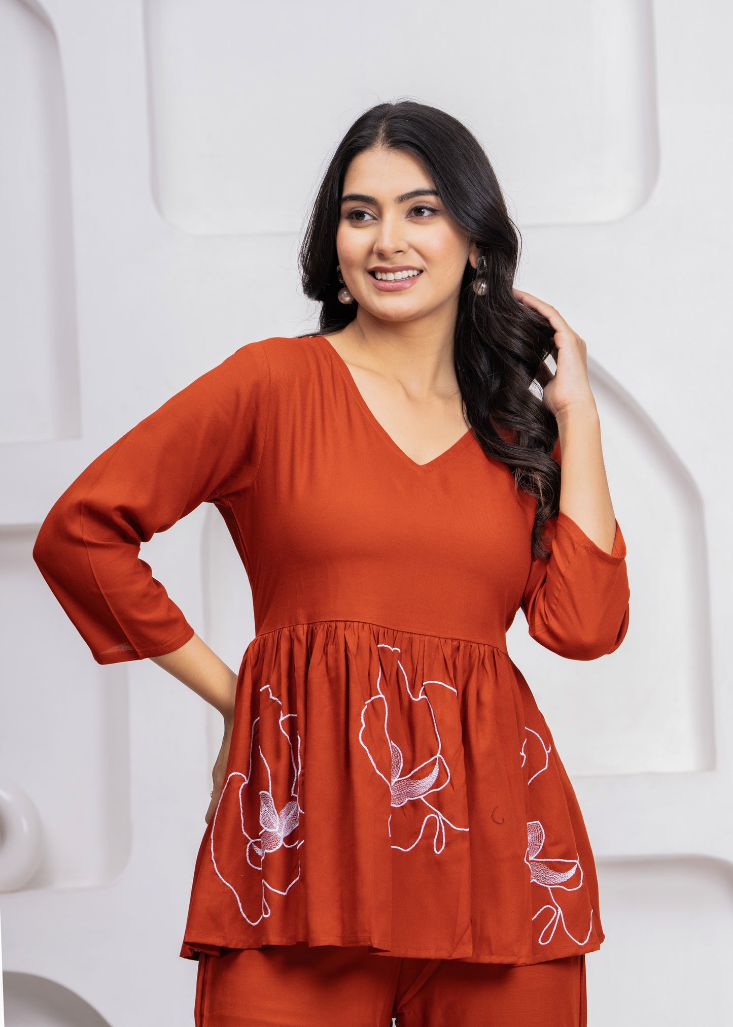 Women Rust Rayon Embroidered Kurta Pant Co-Ord Set | Stylish V-Neck Ethnic Cord Set for Women | Casual, Office & Daily Wear Outfit