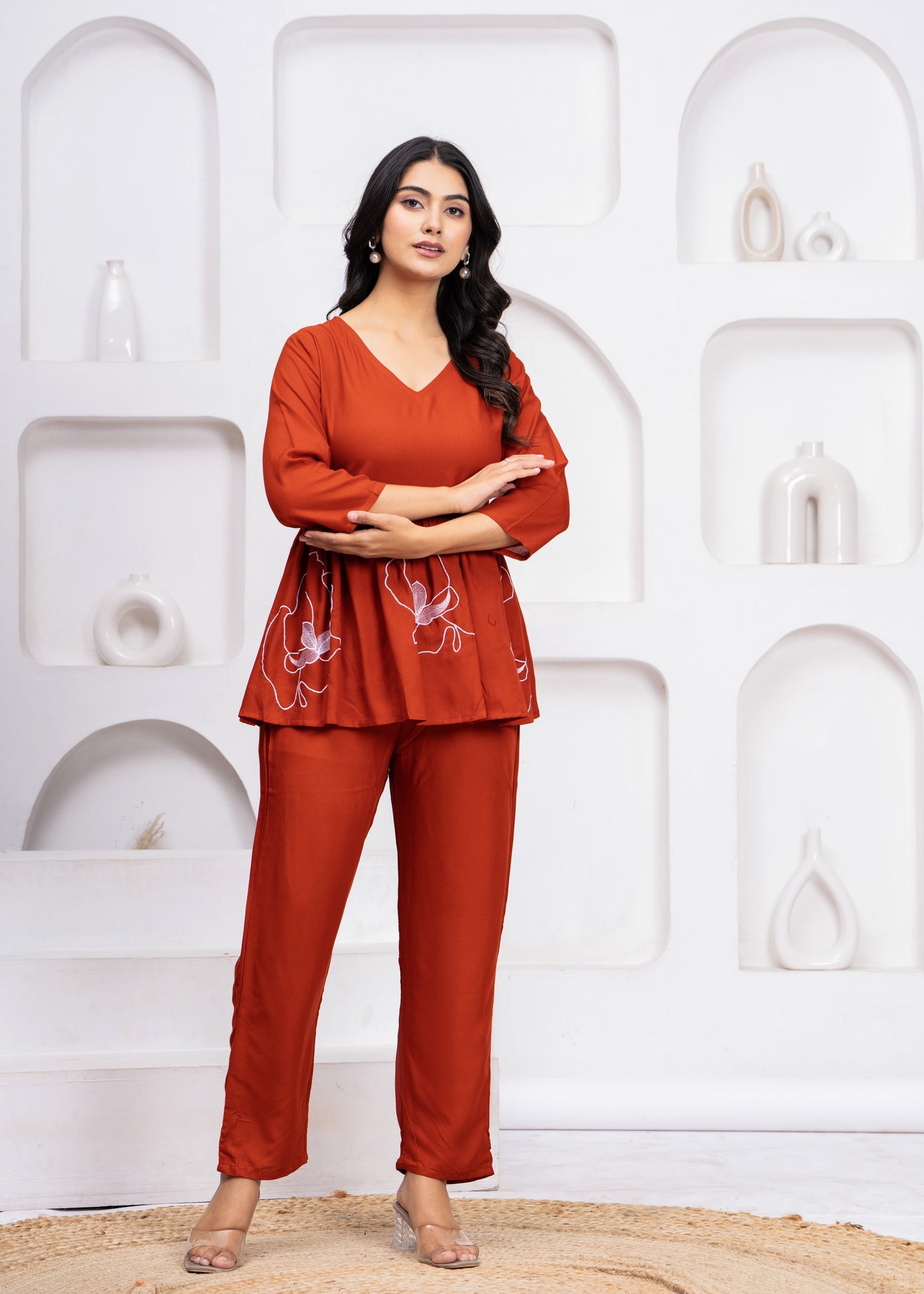 Women Rust Rayon Embroidered Kurta Pant Co-Ord Set | Stylish V-Neck Ethnic Cord Set for Women | Casual, Office & Daily Wear Outfit