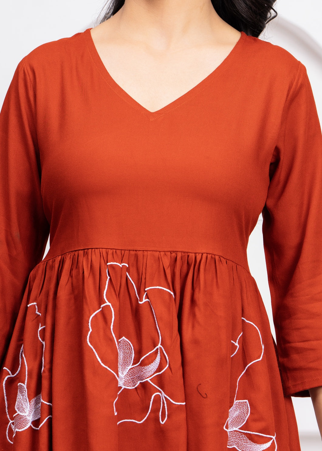 Women Rust Rayon Embroidered Kurta Pant Co-Ord Set | Stylish V-Neck Ethnic Cord Set for Women | Casual, Office & Daily Wear Outfit