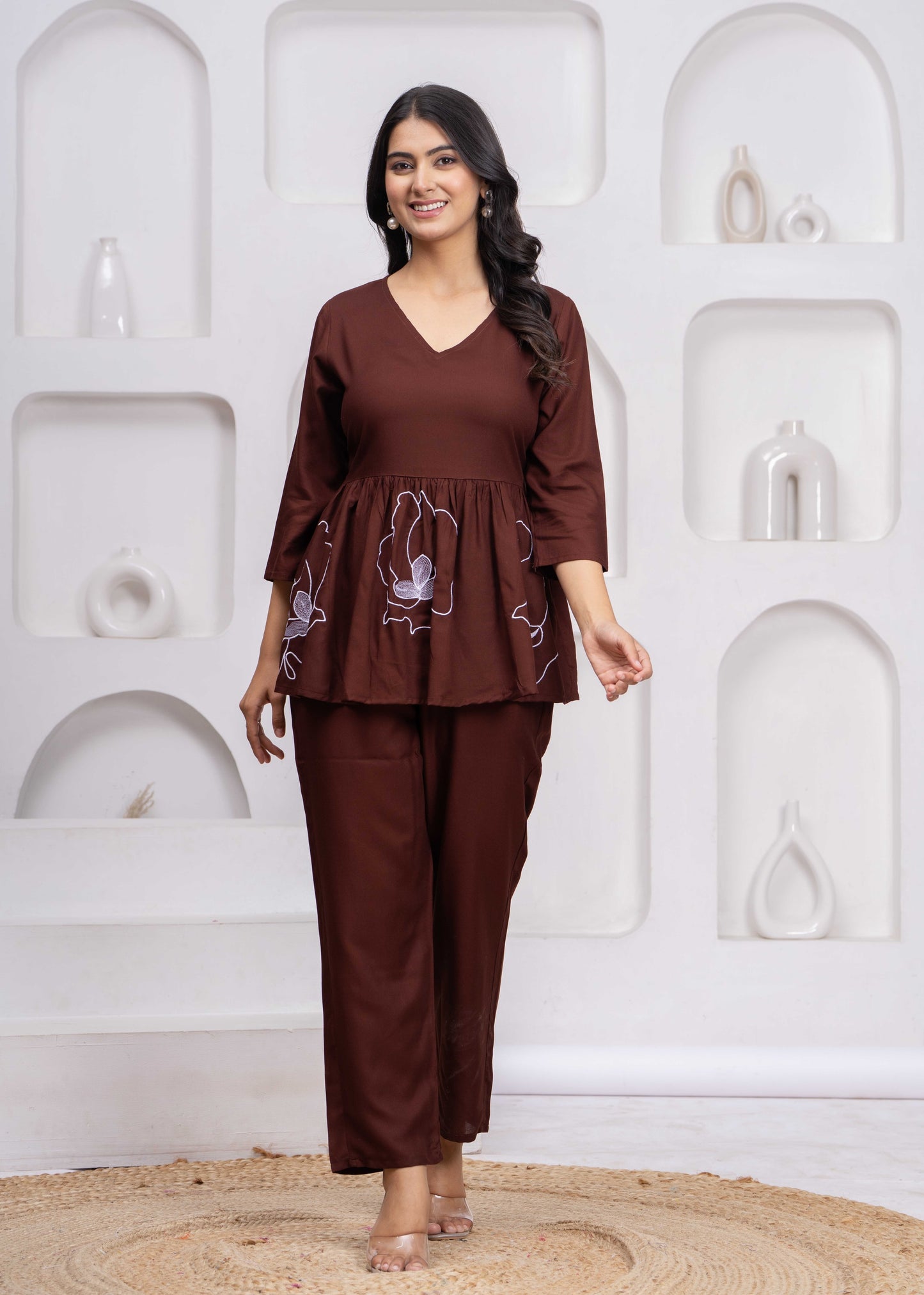 Women Brown Rayon Embroidered Kurta Pant Co-Ord Set | Stylish V-Neck Ethnic Cord Set for Women | Casual, Office & Daily Wear Outfit