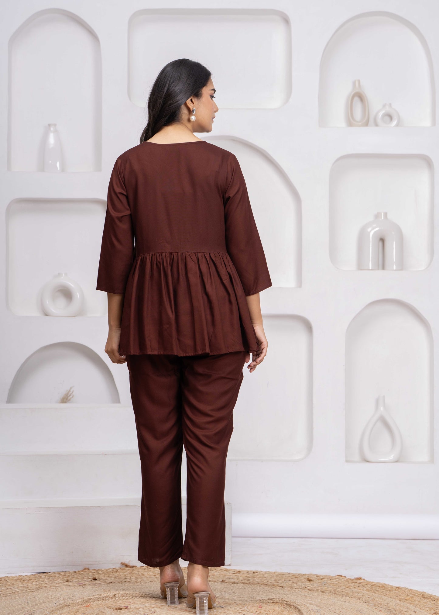 Women Brown Rayon Embroidered Kurta Pant Co-Ord Set | Stylish V-Neck Ethnic Cord Set for Women | Casual, Office & Daily Wear Outfit