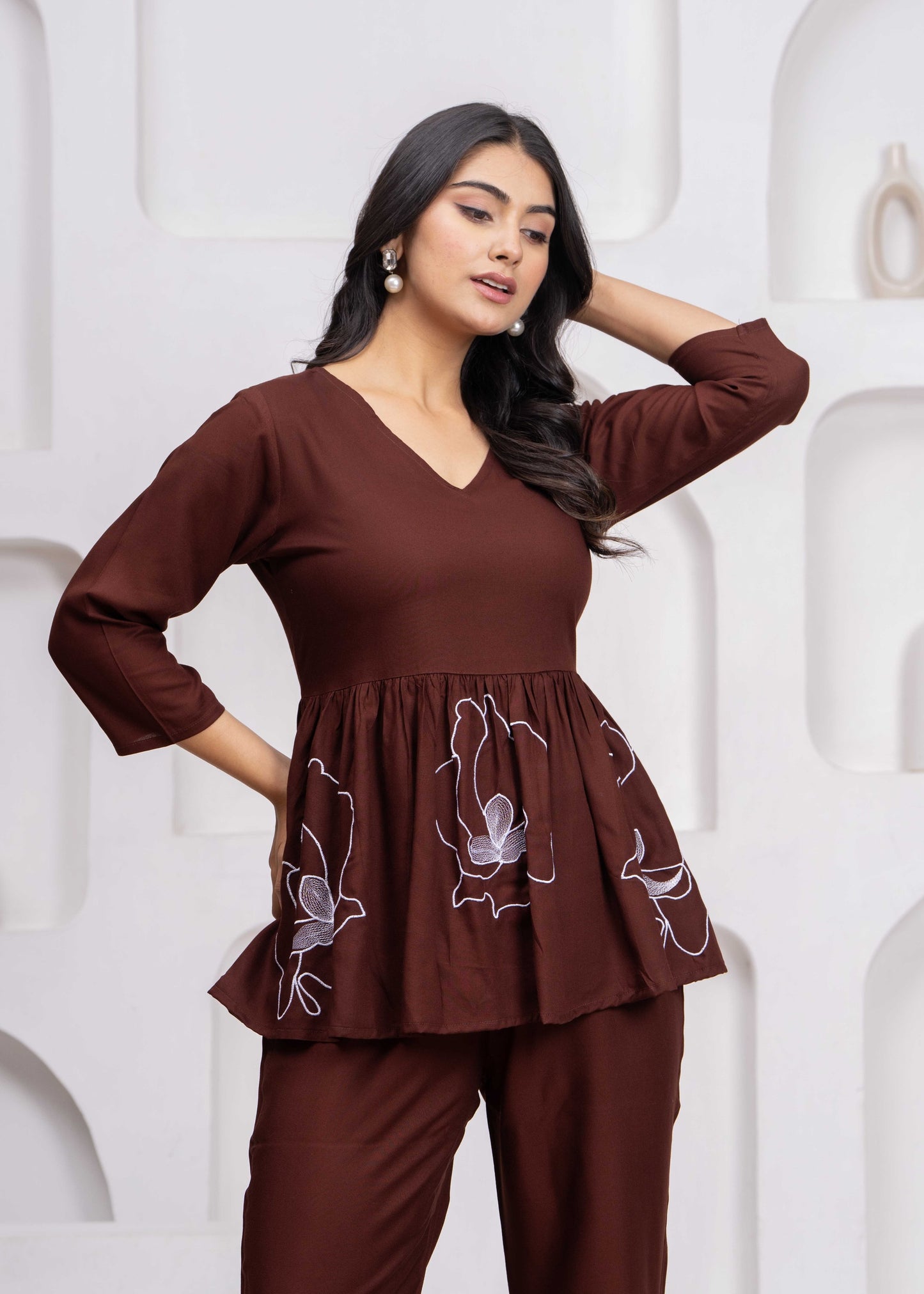Women Brown Rayon Embroidered Kurta Pant Co-Ord Set | Stylish V-Neck Ethnic Cord Set for Women | Casual, Office & Daily Wear Outfit