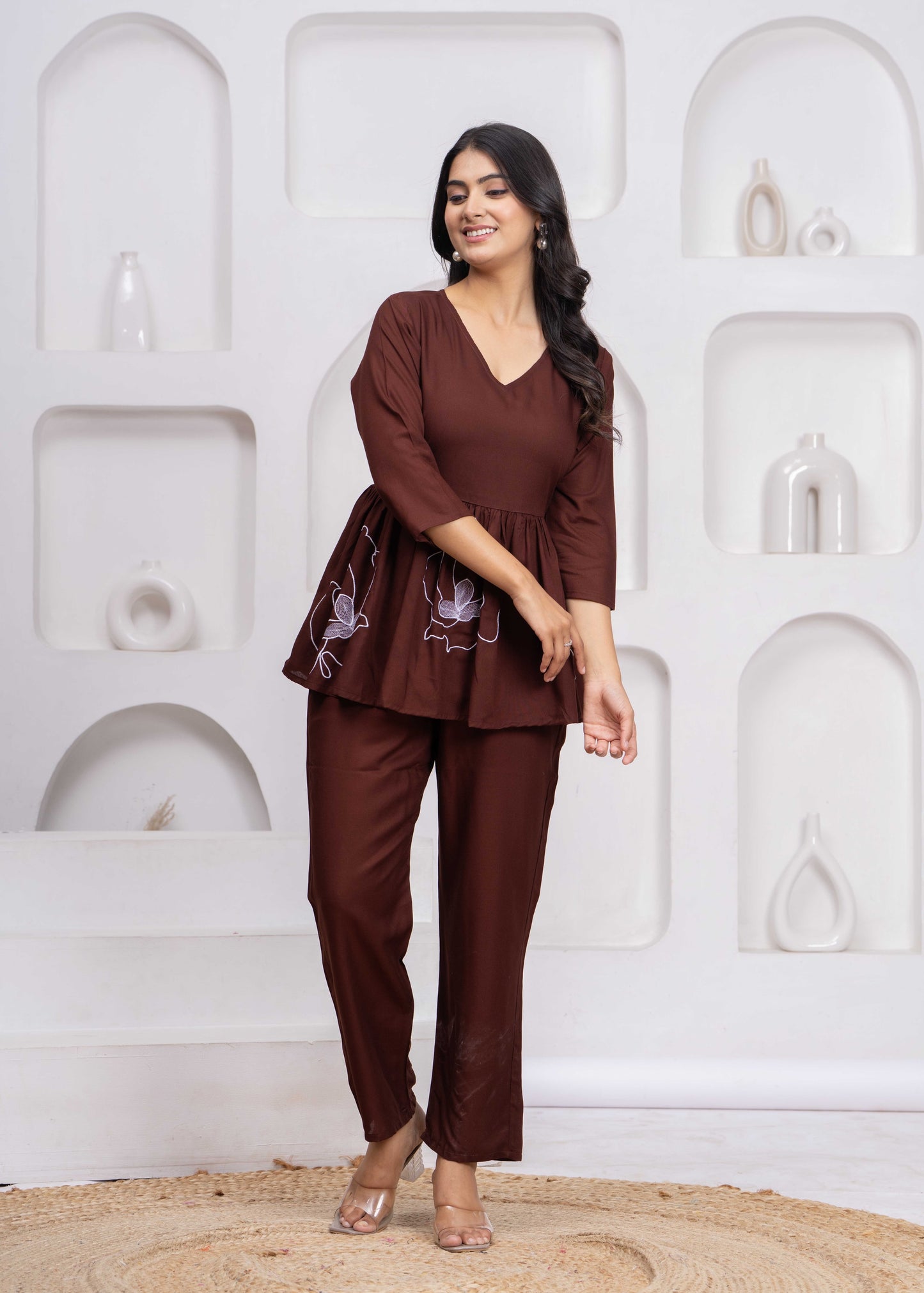 Women Brown Rayon Embroidered Kurta Pant Co-Ord Set | Stylish V-Neck Ethnic Cord Set for Women | Casual, Office & Daily Wear Outfit
