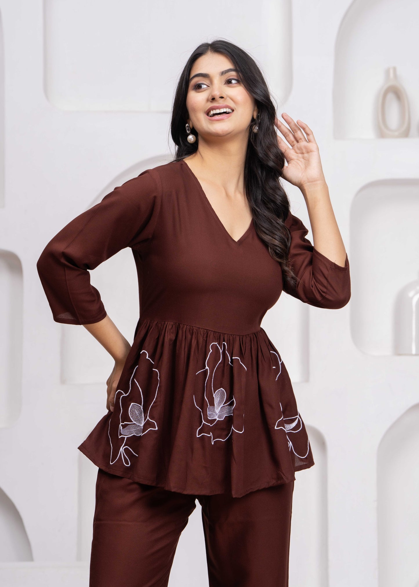 Women Brown Rayon Embroidered Kurta Pant Co-Ord Set | Stylish V-Neck Ethnic Cord Set for Women | Casual, Office & Daily Wear Outfit