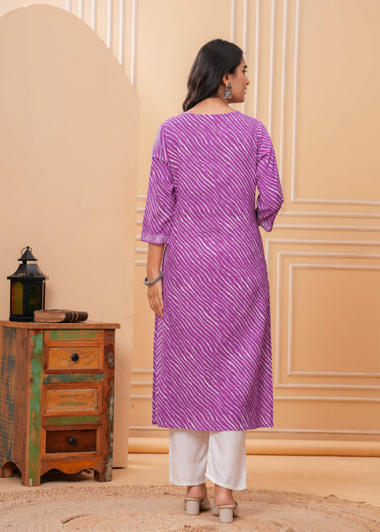 Veshviti Women Purple Leheriya Print Straight Kurta Set with Pants | V-Neck Ethnic Wear