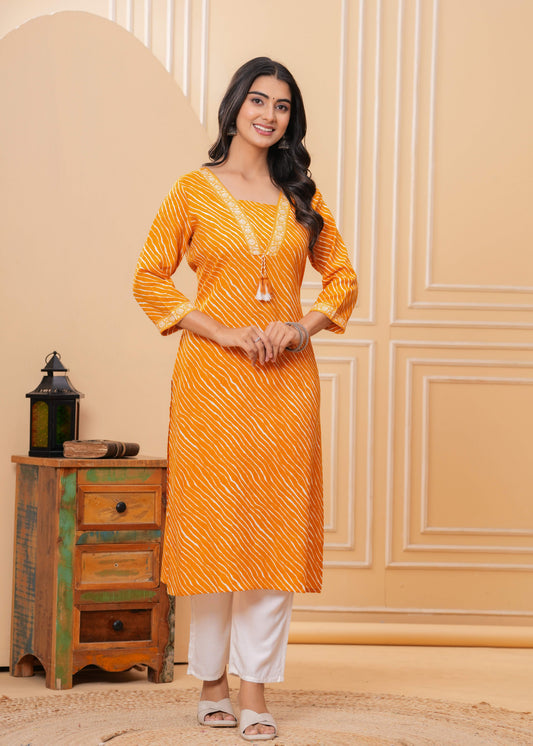 Veshviti Women Mustard Leheriya Print Straight Kurta Set with Pants | V-Neck Ethnic Wear