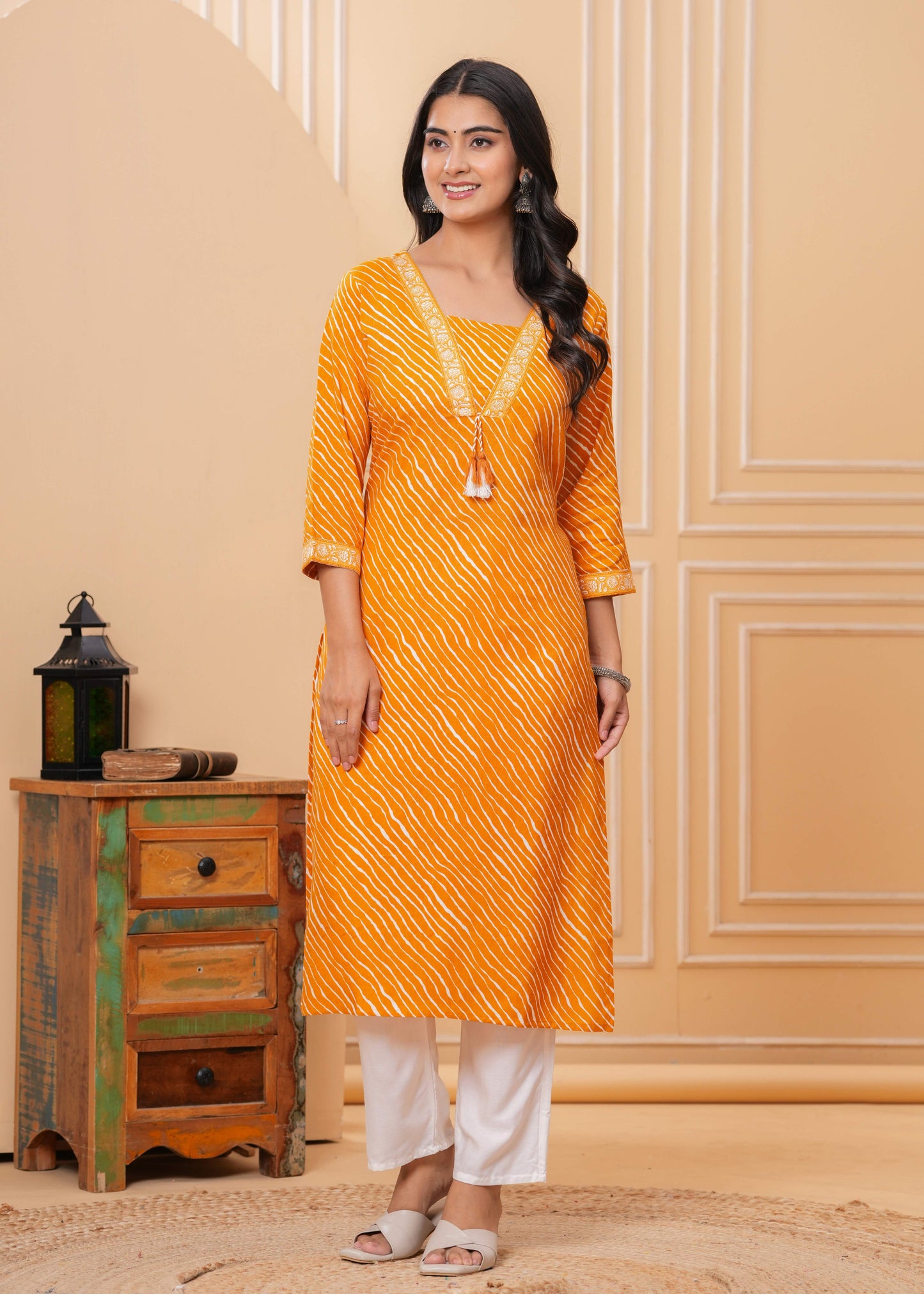 Veshviti Women Mustard Leheriya Print Straight Kurta Set with Pants | V-Neck Ethnic Wear