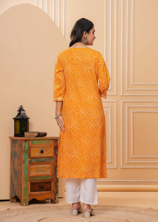 Veshviti Women Mustard Leheriya Print Straight Kurta Set with Pants | V-Neck Ethnic Wear