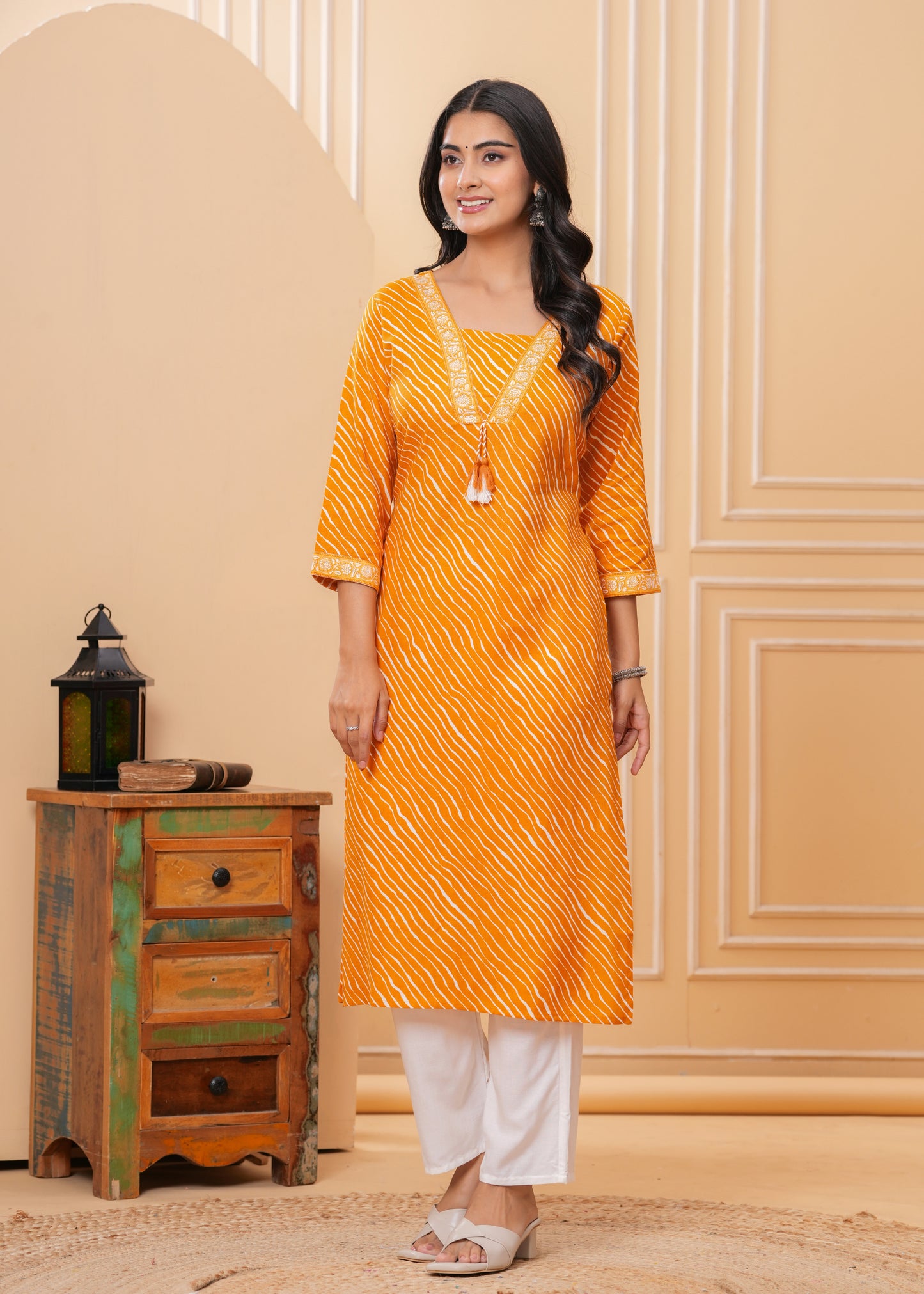 Women Mustard Cotton Leheriya Print Straight Kurta with V-Neck & 3/4 Sleeves Casual Daily Wear