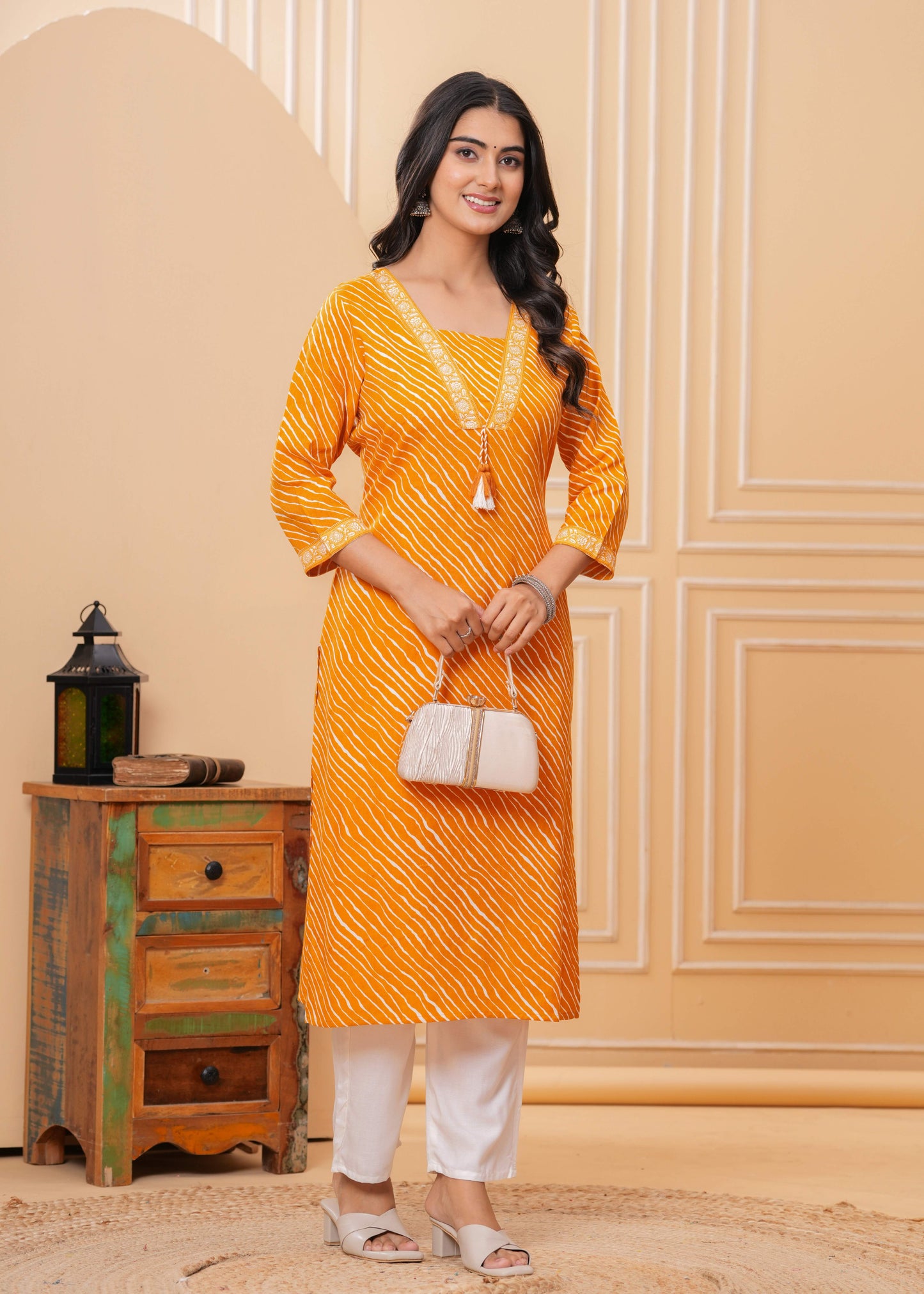 Veshviti Women Mustard Leheriya Print Straight Kurta Set with Pants | V-Neck Ethnic Wear