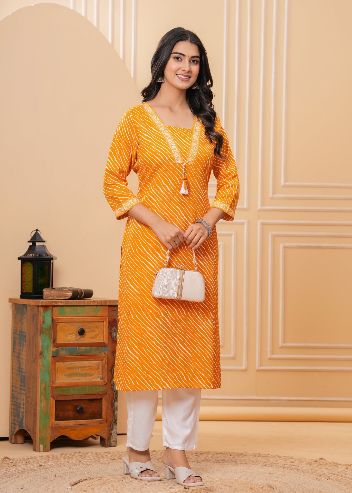 Women Mustard Cotton Leheriya Print Straight Kurta with V-Neck & 3/4 Sleeves Casual Daily Wear