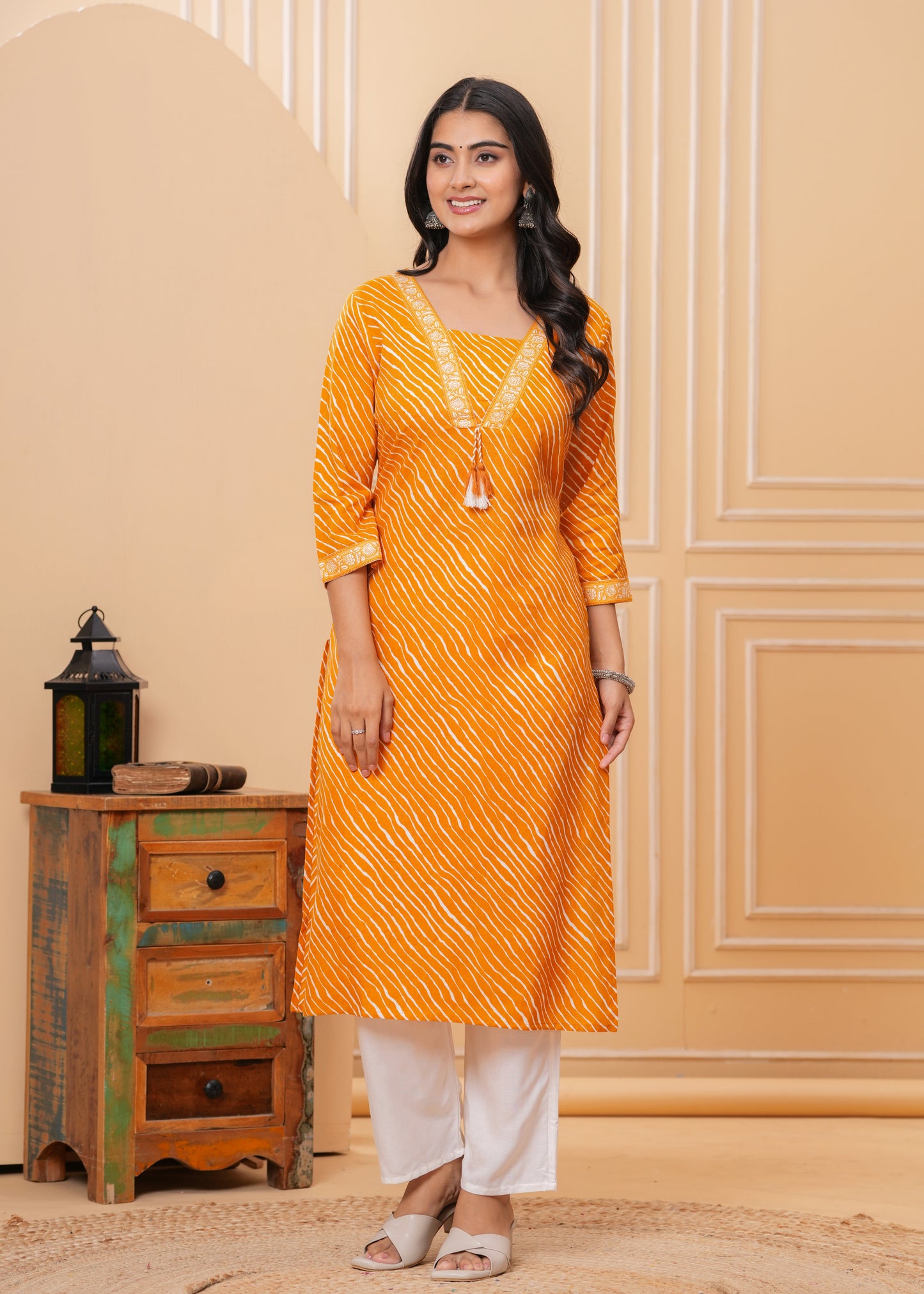 Women Mustard Cotton Leheriya Print Straight Kurta with V-Neck & 3/4 Sleeves Casual Daily Wear
