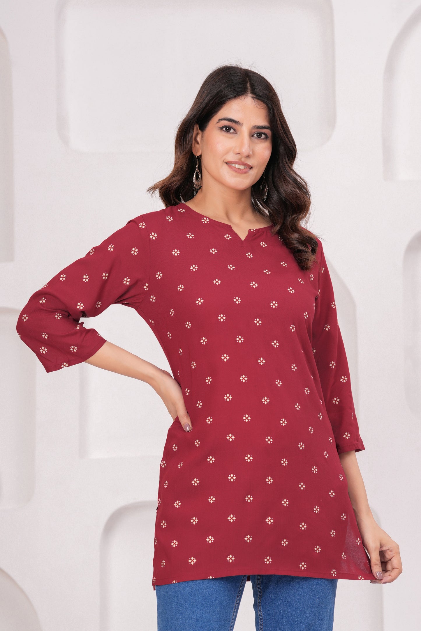 Veshviti Women Maroon Printed Straight Kurti Top | Round Neck Casual Ethnic Wear