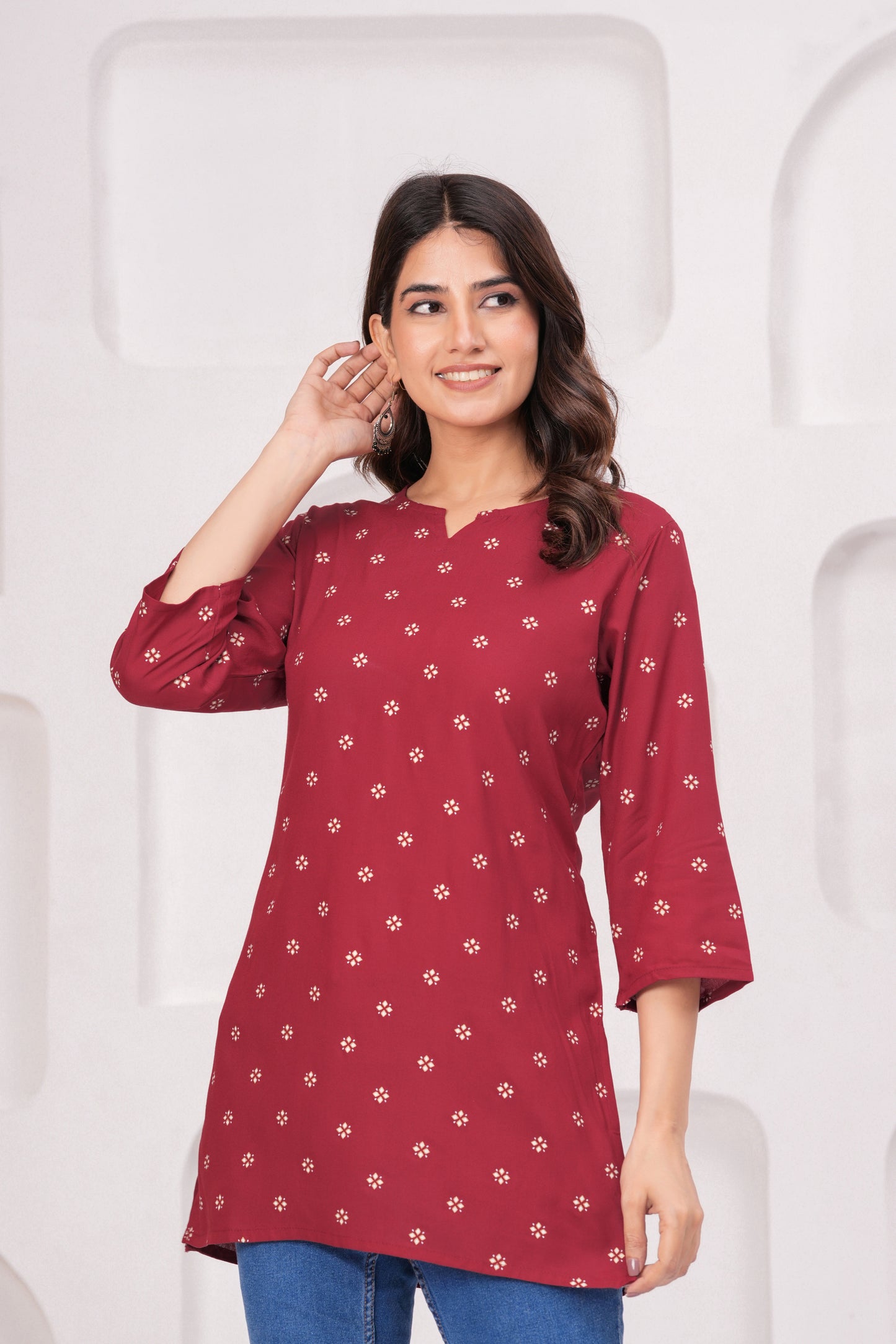 Veshviti Women Maroon Printed Straight Kurti Top | Round Neck Casual Ethnic Wear