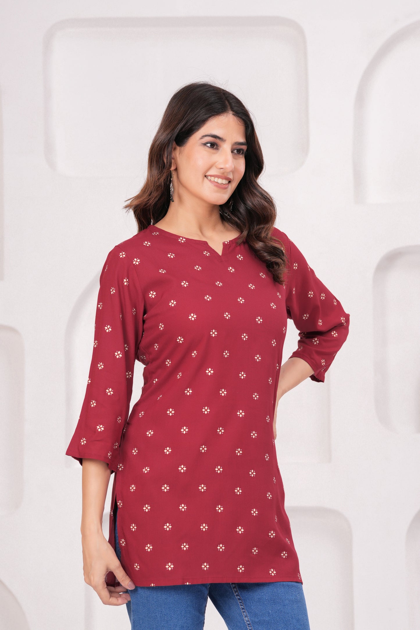 Veshviti Women Maroon Printed Straight Kurti Top | Round Neck Casual Ethnic Wear