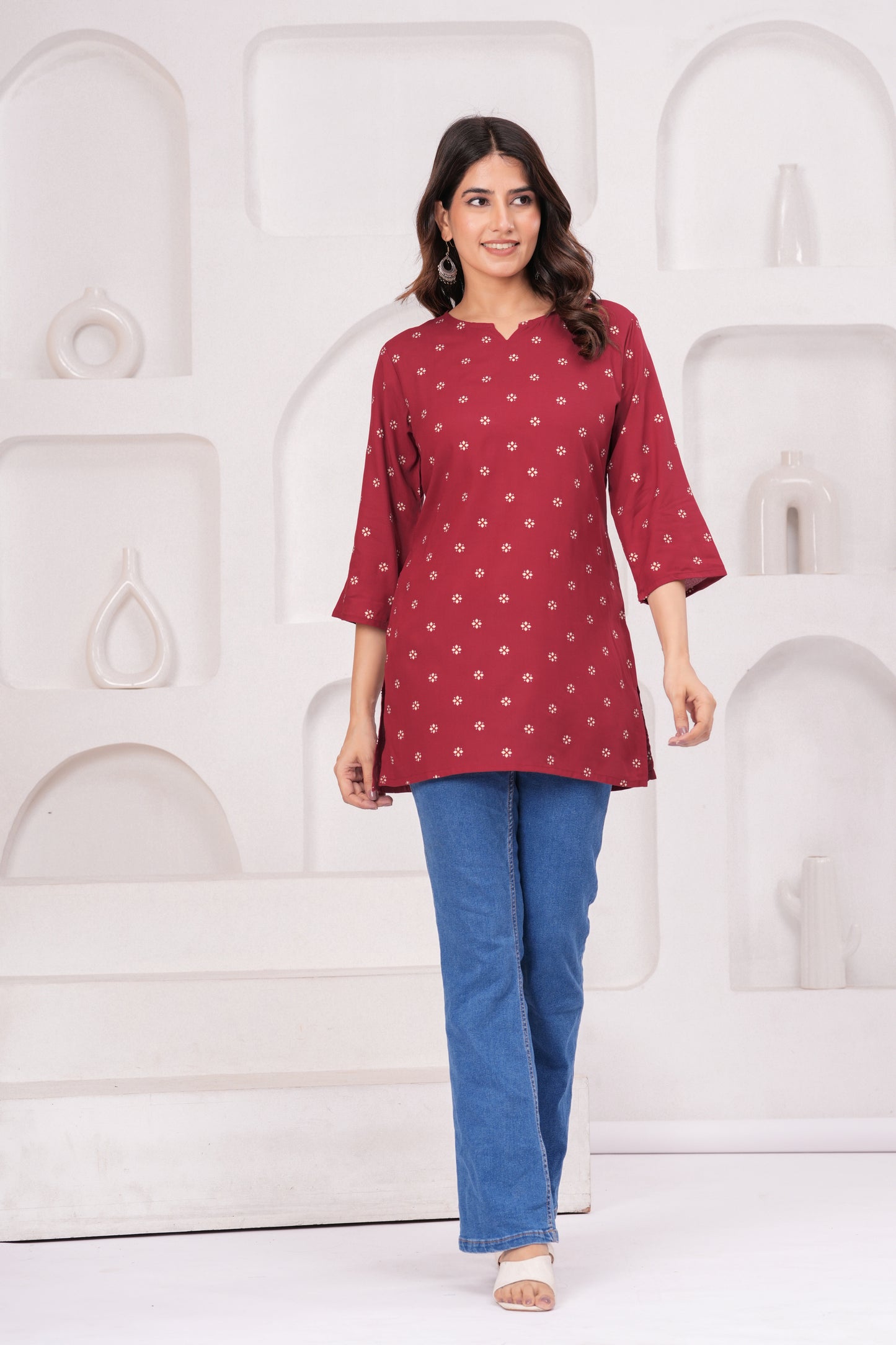 Veshviti Women Maroon Printed Straight Kurti Top | Round Neck Casual Ethnic Wear